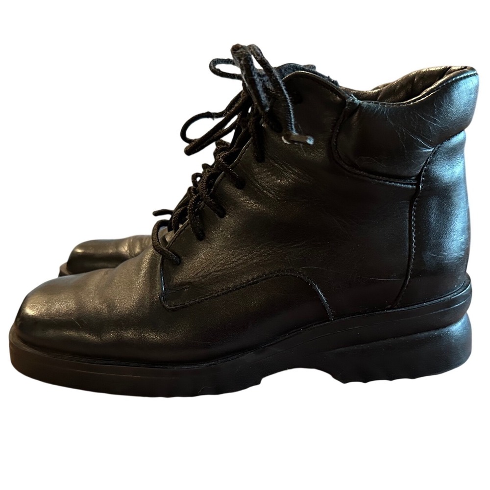 LL Bean Black Leather Lace Up Ankle Boots Square Toe Made in Canada DQM2204 7M